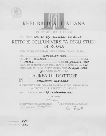 Diploma di laurea in Filosofia di Tullio Gregory